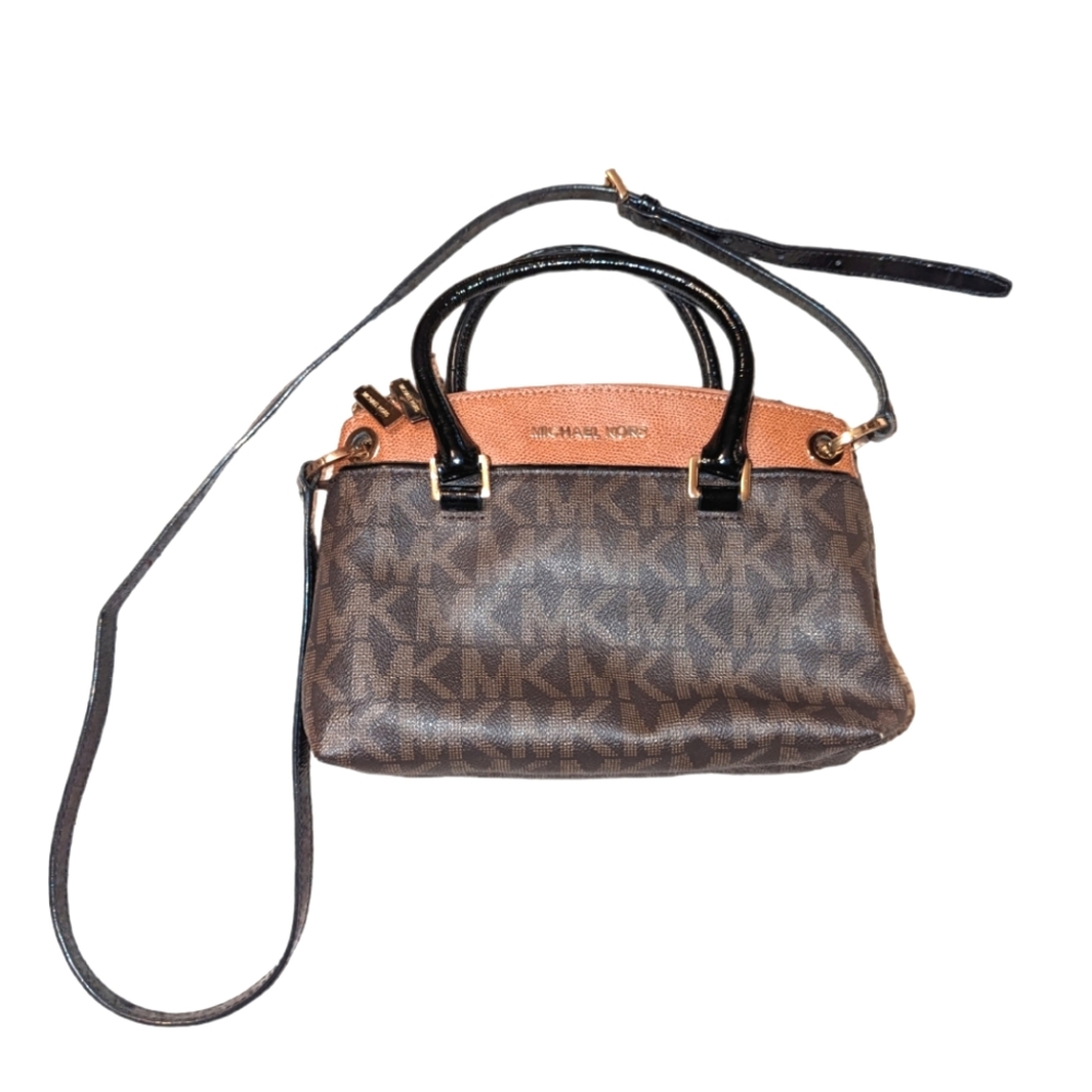 Michael Kors Aubrie Leather Brown MK Small Satchel Crossbody Bag Purse - Picture 2 of 13